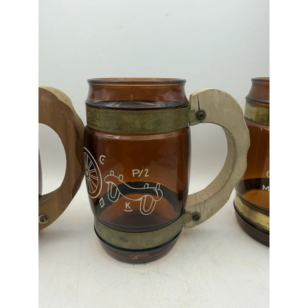 Vintage Siesta Ware Amber Glass Mugs Set 3 Wood Handles Brass Bands Etched
